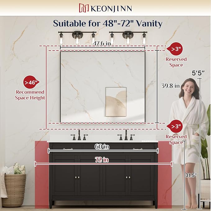 Keonjinn 48x40 Inch Nickel Bathroom Mirror for Over Sink, HD Tempered Glass | Rectangular, Vanity Mirror, Brushed Framed, Square Corner, Modern Farmhouse, Wall Mounted Mirrors, Aluminum Alloy