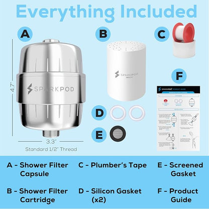 SparkPod 23-Stage Shower Head Filter for Showerheads, Polished Chrome | Removes Chlorine & Heavy Metals, Helps Improve Hard Water, with Activated Carbon and KDF-55 Layers, High Output