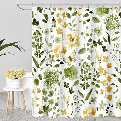Olive Green Floral Shower Curtain, Cute Flower Fabric Shower Curtains for Bathroom, Watercolor Wildflower Butterfly Cloth Shower Curtain Set with Hooks, 72x72