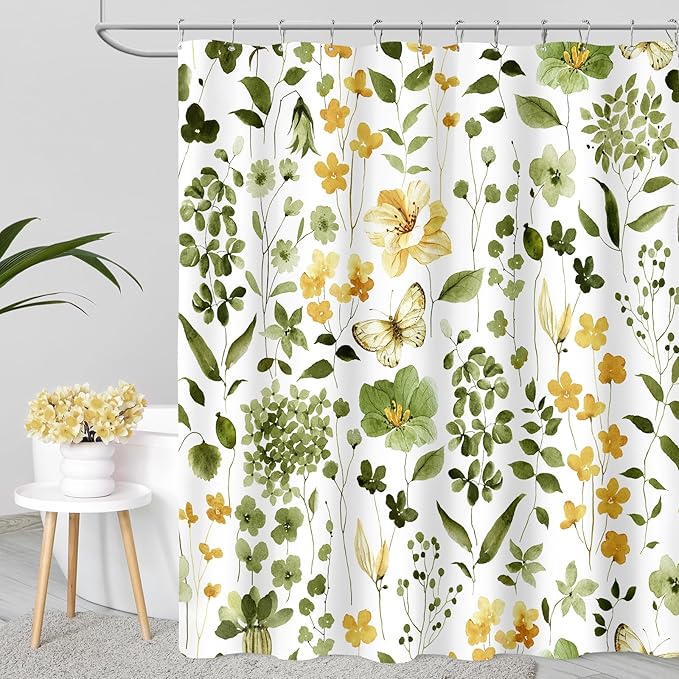 Long Shower Curtain 72 x 78 Inch, Tall Olive Green Floral Shower Curtains for Bathroom, Watercolor Flower Butterfly Fabric Shower Curtain Set with Hooks