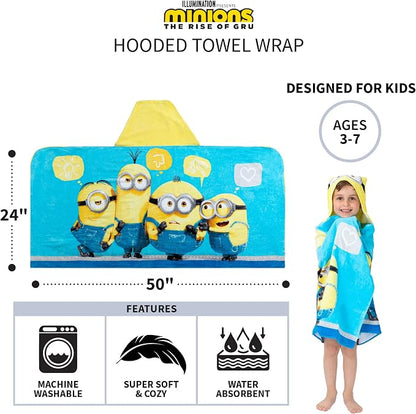 Despicable Me Minions Bath/Pool/Beach Soft Cotton Terry Hooded Towel Wrap, 24" x 50", By Franco Kids