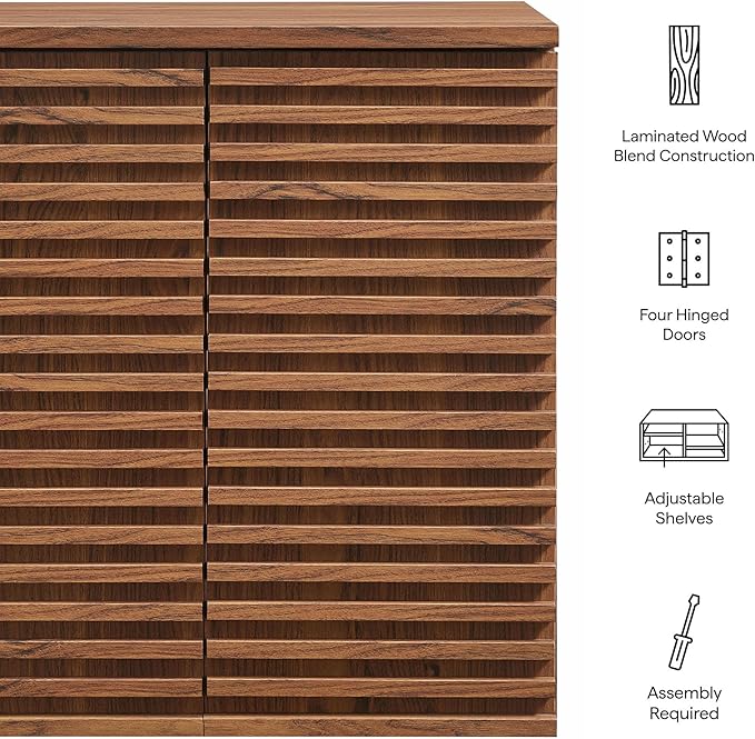 Modway Render Wall Mounted Bathroom Cabinet in Walnut - 23.5 Inch Compact Wall Storage with Slatted Doors and Adjustable Shelves for Bathroom or Laundry Room