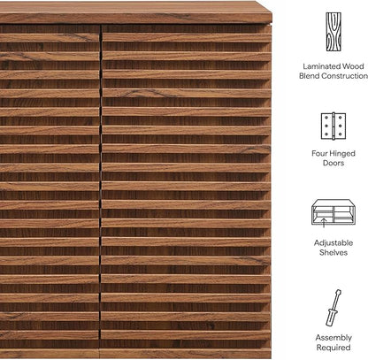 Modway Render Wall Mounted Bathroom Cabinet in Walnut - 23.5 Inch Compact Wall Storage with Slatted Doors and Adjustable Shelves for Bathroom or Laundry Room