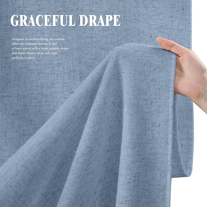 Linen Shower Curtain Flax Blue Grey, Fabric Boho Farmhouse Shower Curtains for Bathroom Cotton Natural Cloth Liner Set 72" W x 72" L