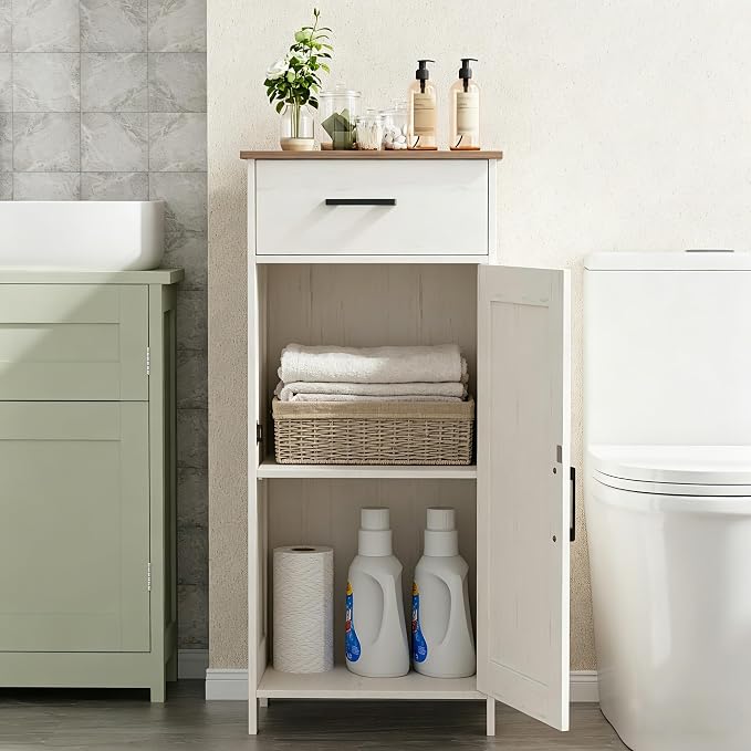 Homhedy Bathroom Storage Cabinet with Drawer & Adjustable Shelf | Freestanding Storage Cabinet for Bathroom, Entryway, Living Room & Kitchen, Rustic White and Brown, 15.7"W