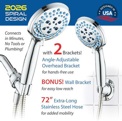 AquaCare New 8-mode High Pressure Handheld Shower Head w/ 2-way Power Wash | Stay Clean Nozzles, Dual Power Wash for Tub, Tile & Pets, Long 6 ft. Stainless Steel Hose, Wall & Overhead Brackets / Chrome