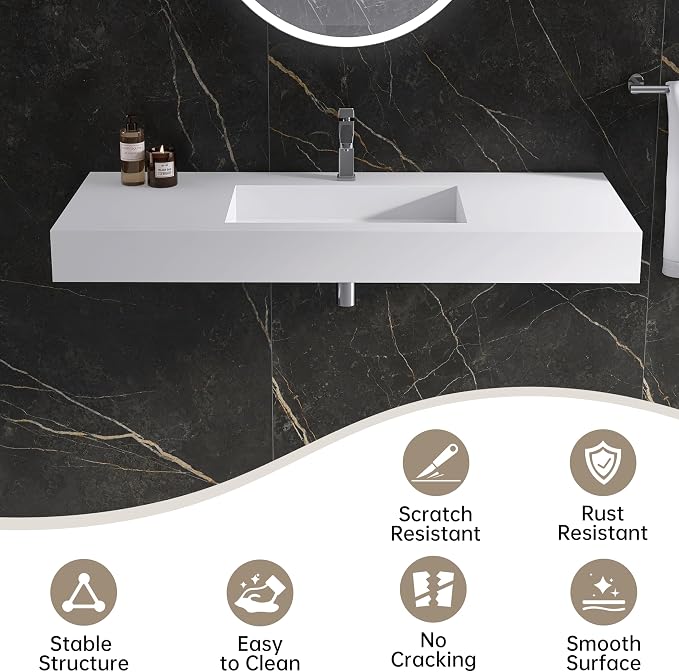 47" Wall Mount Sink, Artificial Stone Bathroom Sink, Single Hole | Matte Bathroom Vanity Vessel Sinks Rectanglee Indoor Modern Floating or Countertop Freestanding Wall Hang Sink Bowl