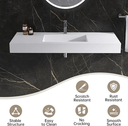 47" Wall Mount Sink, Artificial Stone Bathroom Sink, Single Hole | Matte Bathroom Vanity Vessel Sinks Rectanglee Indoor Modern Floating or Countertop Freestanding Wall Hang Sink Bowl