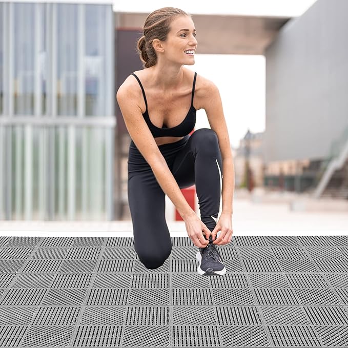 18 Pack Modular Interlocking Floor Mat Rubber Outdoor Tiles with Drainage Holes for Swimming Pool Bathroom Shower Sauna Room Garage Boat, 12" L×12" W×0.4" Th Gray