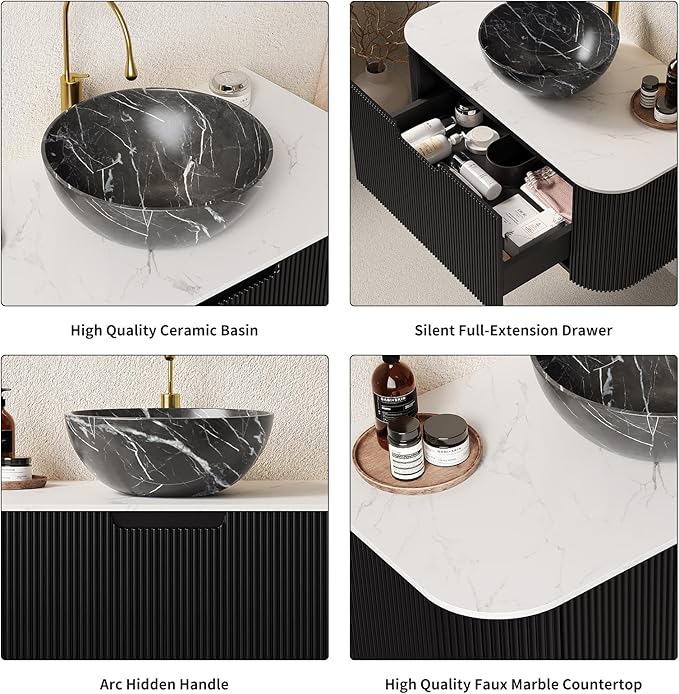 Yayzy 30" Floating Bathroom Vanity with Sink, Solid Wood Fluted Cabinet, White Marble-Patterned Ceramic Basin & Faux Marble Top, Soft-Close Drawer, Pre-Assembled, Gloss Black