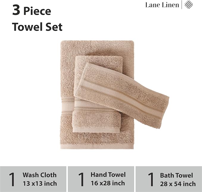 LANE LINEN Large Bath Towel Set Absorbent Quick Dry 100% Cotton - Taupe | Cotton Towels - Fade-Resistant Color, Classic Terry Weave, Densely Woven, Coordinated Colors, Dobby Border Accent