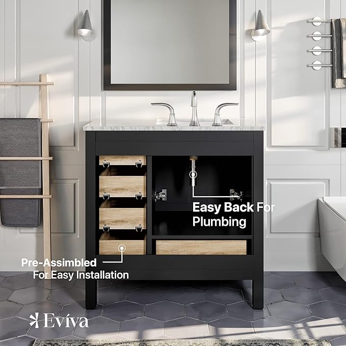 Eviva Aberdeen 36 inch Espresso Transitional Bathroom Vanity with White Carrara Quartz Countertop and Undermount Porcelain Sink