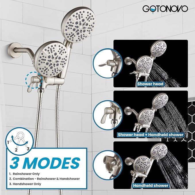 gotonovo Shower Valve and Trim Kit 2 in 1 Shower Head and Handle Set System Bathroom Shower Faucet Set 3 Modes Various Combinations High Pressure with Rough-in Valve Brushed Nickel