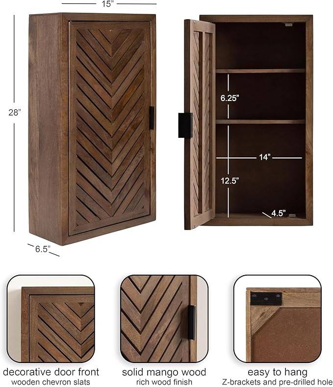 Kate and Laurel Mezzeta Decorative Modern One-Door Floating Bathroom Cabinet, 15 x 7 x 28, Brown, Decorative Over Toilet Storage Cabinet Made from Solid Mango Wood with Slatted Chevron Design