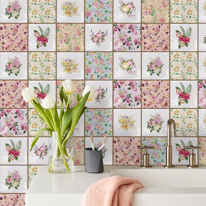 Alwayspon Vinyl Sticker Peel and Stick, Self-Adhesive Wall Tile Transfers Backsplash Sticker Decal for Kitchen Bathroom, 6x6inch/15x15cm 30Pcs, Floral Painting T038