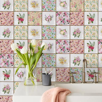 Alwayspon Vinyl Sticker Peel and Stick, Self-Adhesive Wall Tile Transfers Backsplash Sticker Decal for Kitchen Bathroom, 6x6inch/15x15cm 30Pcs, Floral Painting T038
