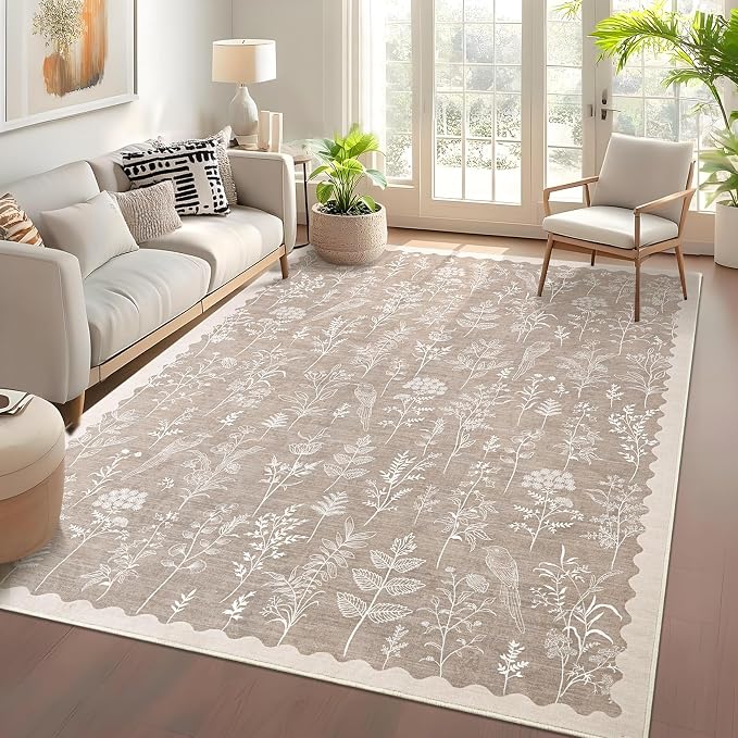 GarveeHome Washable 8x10 Area Rugs for Living Room Scalloped Floral Bedroom Rug, Non-Slip Stain Resistant Dining Table Carpet, Botanical Large Rug Neutral Carpet for Farmhouse Dorm Home Office, Taupe