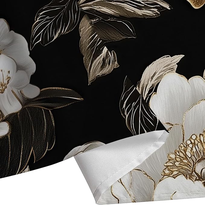 Black and Gold Boho Floral Shower Curtain, Vintage Unique Dark Flowers Botanical Aesthetic Decorative Shower Curtain Set, Pretty Gold Boho Farmhouse Curtains Bathroom Accessories with Hooks 60"x72"