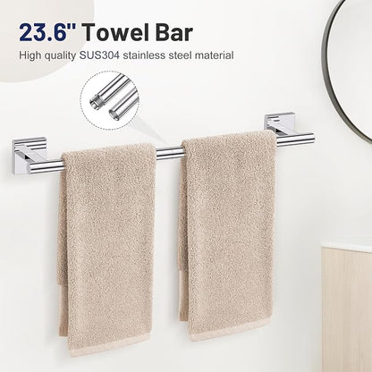 Lairuier Bathroom Hardware Set Polish Chrome, Towel Holder Set Wall Mounted | Bathroom Accessories Set, SUS304 Stainless Steel 23.6" Towel Bar, Toilet Paper Holder with Shelf, Towel Ring and Towel Hooks