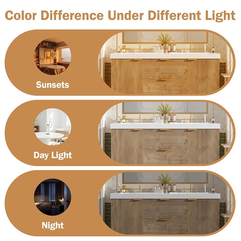 Modern Double Sink Wall-Mounted Bathroom Vanity 60 Inch with SMC Countertop and Divided Drawers, Vintage MDF Cabinet with Storage, Soft Close Doors and Metal Handles for Large Bathrooms, Natural