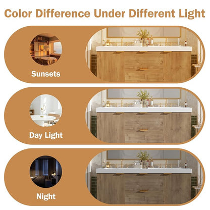Modern Double Sink Wall-Mounted Bathroom Vanity 60 Inch with SMC Countertop and Divided Drawers, Vintage MDF Cabinet with Storage, Soft Close Doors and Metal Handles for Large Bathrooms, Natural
