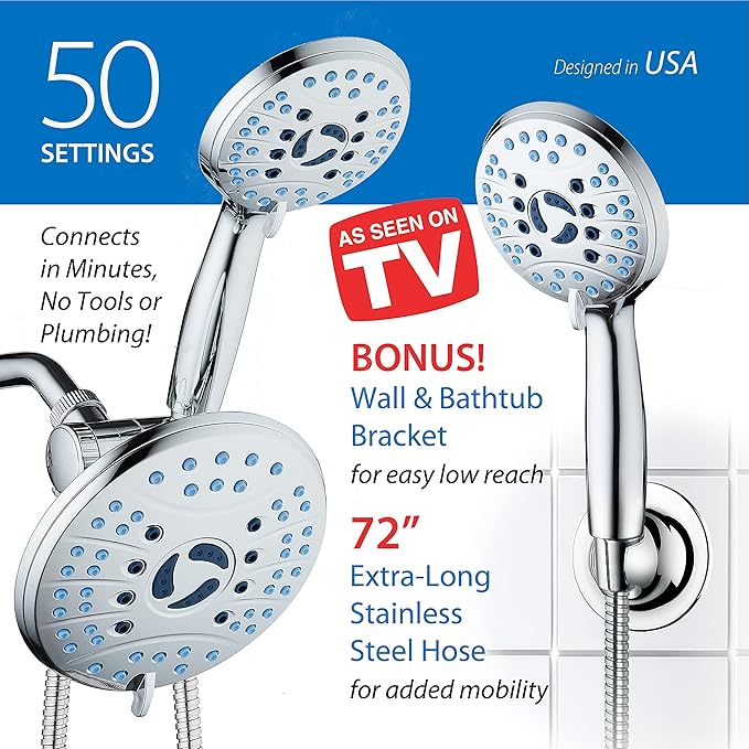 AquaCare 50-mode High Pressure 7 inch Shower Head Combo w/Dual Power Wash | Hygienic Jets, 2-mode Handheld Power Wash for Tub, Tile & Pets, Long 6 ft. Stainless Steel Hose, Extra Wall Bracket / Chrome