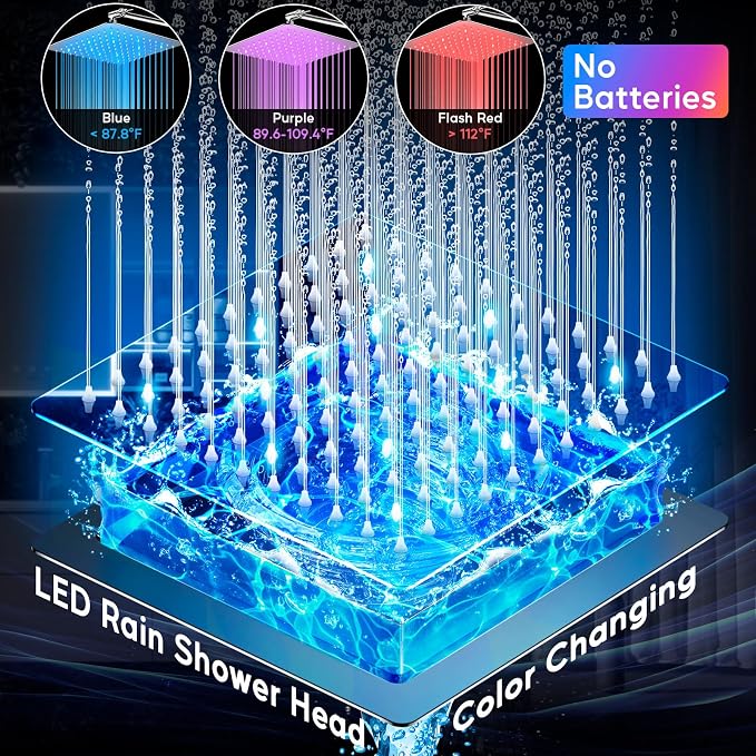 LED Shower Head with High Pressure 10” Rain Shower Head, 11” Extension Arm | Color Changing Based On Water Temperature Handheld showerhead, Stainless Steel, 60" Hose, Chrome