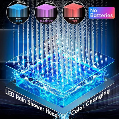 LED Shower Head with High Pressure 10” Rain Shower Head, 11” Extension Arm | Color Changing Based On Water Temperature Handheld showerhead, Stainless Steel, 60" Hose, Chrome