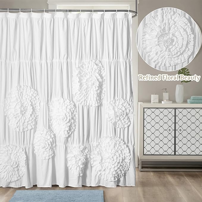 White Floral Ruffle Shower Curtain 72x72 Inches, Elegant Textured Design with Reinforced Stitch Panel, Bathroom Décor with Soft Fabric & Durable Construction, Machine Washable (LQ-41)