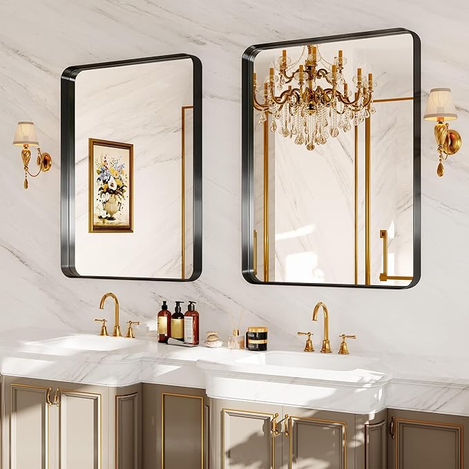 Bathroom Mirror for Wall, 30x22 Inch Rectangle Mirror,Matte Black Metal Framed Bathroom Vanity Mirror for Restroom Farmhouse, HD Tempered Glass,Anti-Rust Aluminum Alloy Mirror