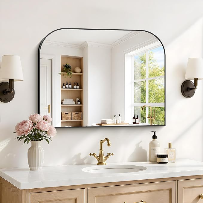 YIROMAN Bathroom Mirrors for Over Sink,30"x24" Black Bathroom Vanity Mirror | Thin Brushed Aluminum Frame,HD tempered glass, Rectangular,Rounded & Right-angle Corners,Sink,Entryway,Bedroom