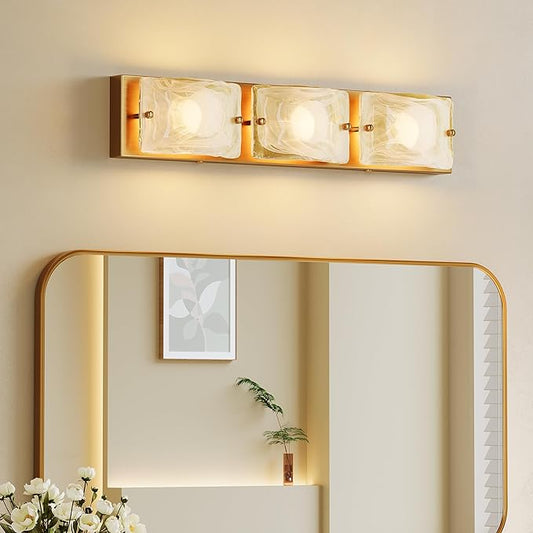 Tribesigns 3-Light Vanity Fixtures, Curved Cloud Glass Lampshades Gold Copper Plate, Modern Bathroom Wall Lighting Fixtures Over Mirror, 3CCT LED Vanity Lights (22-Inch, 3000K/4000K/5000K, Dimmable)