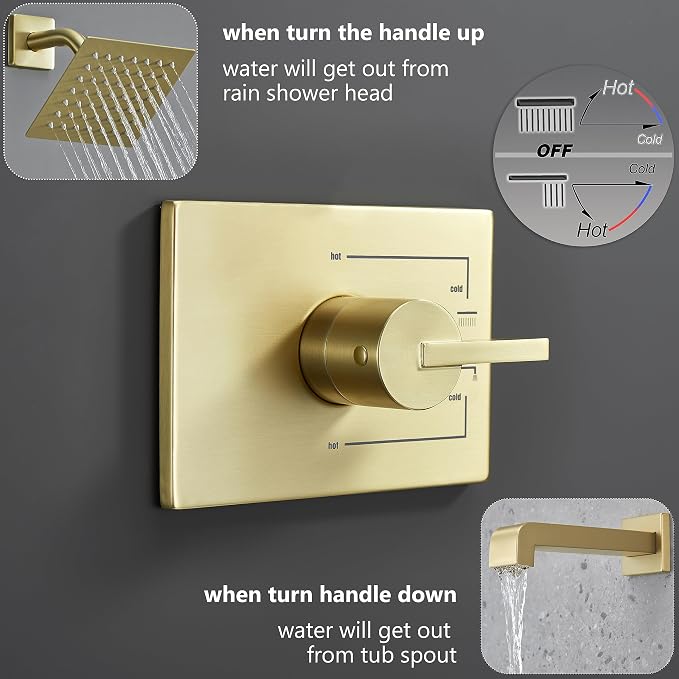 Shower Faucet Set, Brushed Gold, 6 Inch Shower Head& Tub Faucet | Gold Shower Faucet Set,Tub Faucet Set,Shower Faucet,Brushed Gold Shower Faucet Set,Bathtub Shower System