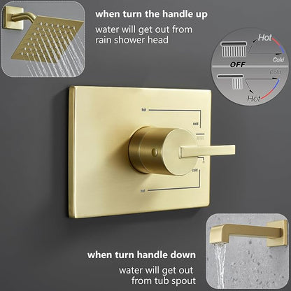 Shower Faucet Set, Brushed Gold, 6 Inch Shower Head& Tub Faucet | Gold Shower Faucet Set,Tub Faucet Set,Shower Faucet,Brushed Gold Shower Faucet Set,Bathtub Shower System