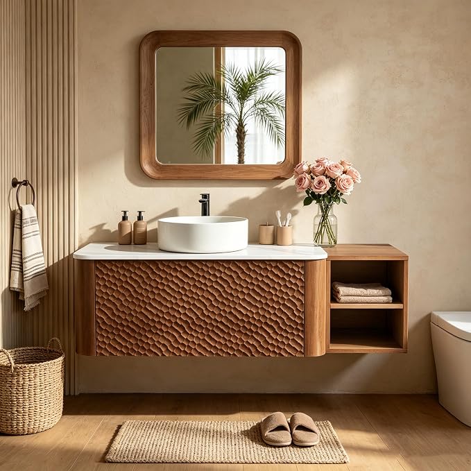 48 Inch Modern Bathroom Vanity with Ceramic Sink, Floating Bathroom Sink Cabinet with Sintered Stone Top&Solid Wood Hammered Frame, Single Bathroom Vanities w/Soft-Close Drawer&IDE Open Cube