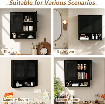 Bathroom Wall Cabinet, Wall-Mounted Rattan Medicine Cabinet with Double-Door, Floating Bathroom Cabinet Over Toilet for Laundry Room & Kitchen & Living Room 23.23 x 7.68 x 24 in
