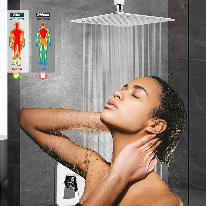 Heyalan 10-Inch Ceiling Mount Shower Faucet Set with Valve, Polish Chrome | Rainfall shower head, ceiling-mount design, SUS304 steel, adjustable angle, single-handle control