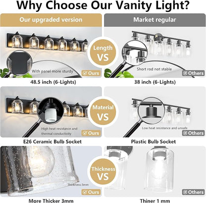 6-Light Bathroom Vanity Lights Large 48in with Bubble Glass Shades | Farmhouse Rustic style, Matte Black Metal Base, E26 Ceramic Socket, UL&ETL Listed, Up&Down Mountable, Hardwired, over Mirror