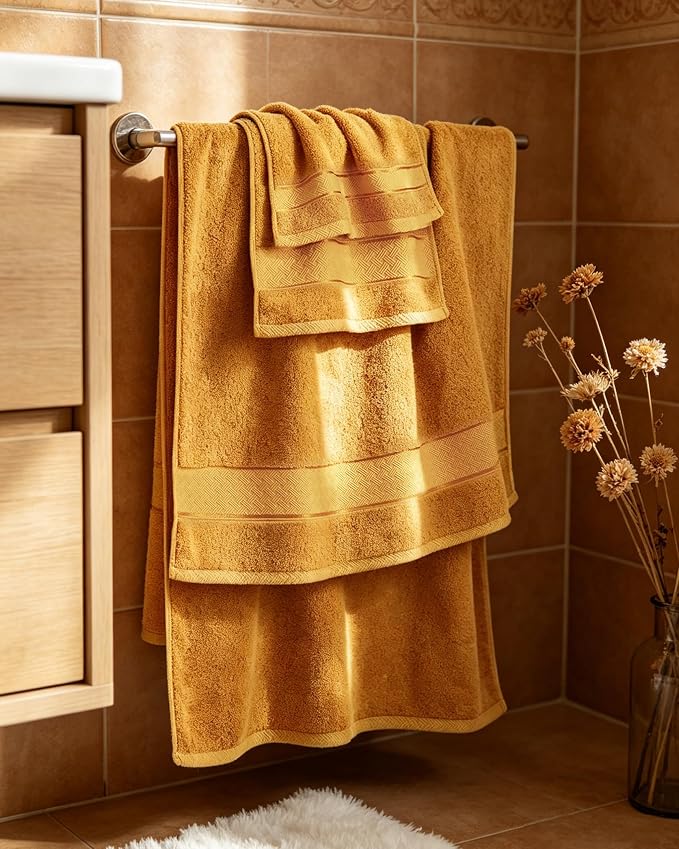 COZYART Bath Towel Set 6 PCS, Luxury Gold 100% Turkish Cotton 650GSM Soft | Absorbent Quick Dry, OEKO‑Tex 100 Cert. Zero Twist Ring Spun Cotton, Plush Fluffy, Breathable Hotel Quality Bathroom Towels