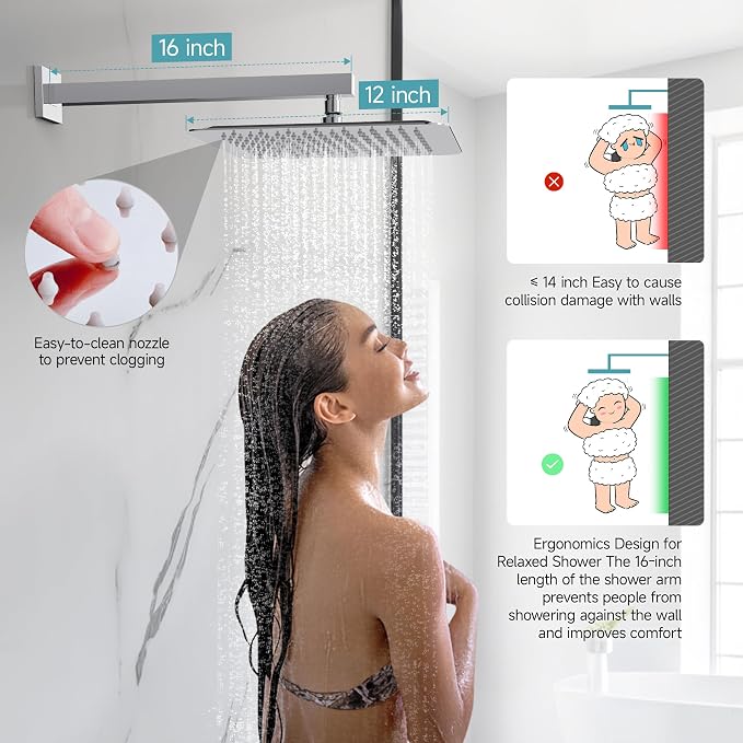 SR SUN RISE Shower Faucet Set & System - 12 Inch Rainfall Shower Head & Handle Set Wall Mounted Polished Chrome Solid Brass Valve Trim Kit Included
