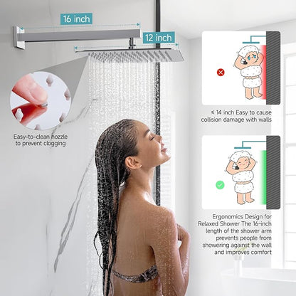 SR SUN RISE Shower Faucet Set & System - 12 Inch Rainfall Shower Head & Handle Set Wall Mounted Polished Chrome Solid Brass Valve Trim Kit Included