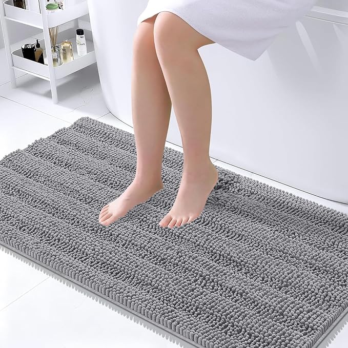 OLANLY Thick Large Bathroom Rugs 45x27, Soft Chenille Bath Rugs, Grey | Absorbent Striped, Rubber Backing, Machine Wash Dry, Bath Mats for Bathroom Floor, Tub and Shower, Home Decor Accessories