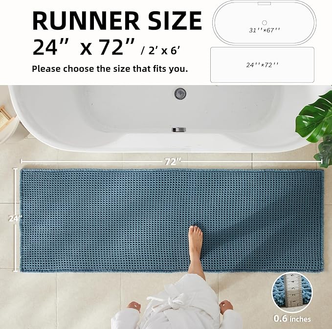 TYUU Waffle Runner Rug Bathroom, Long Boho Bath Mat, 72x24 Denim Blue | Super Absorbent Quick Dry Bath Rug, Non-Slip Backing, Soft Waffle Washable Farmhouse Bathroom Mats, Tub, Shower & Home Decor