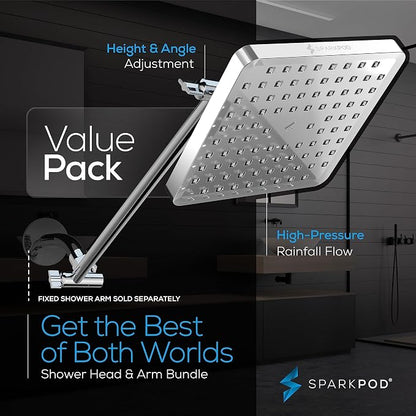SparkPod 8" Square Rain Shower Head with 16" Shower Arm | Shower Head & Extension Arm Combo, Height Adjustable, High Pressure Performance, Easy 1-Minute Installation, Polished Chrome