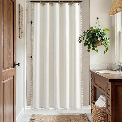 Stall Natural Boho Linen Shower Curtain Vintage Country Textured Tassel Shower Curtain Set with Hooks 54 Inches Wide Modern Neutral Farmhouse Cottage Curtain for Bathroom 54x78, Cream