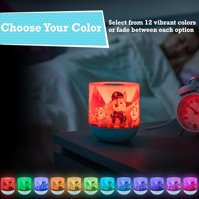 Lights By Night PAW Patrol Color Changing Kids Bedside Lamp, Touch Control | Night Light for Kids, 12 Color Modes and Dimmable Warm White Light for Kids Room, Nursery, and Bedroom, USB Powered