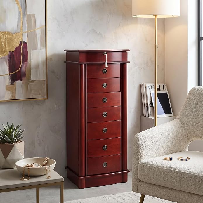 Hives and Honey Noelle Standing Jewelry Armoire, Locking Organizer with Mirror, 7 Drawers, Side Doors, Necklace Hooks, Ring Rolls, Jewelry Box for Earrings, Bracelets, and More