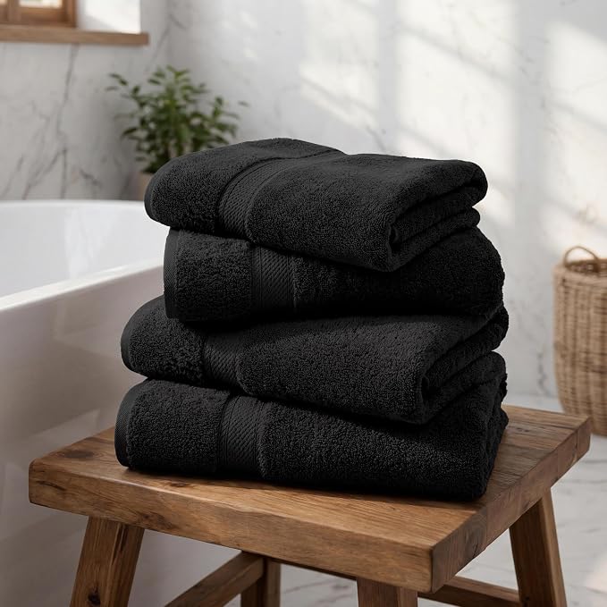 Superior Egyptian Cotton Plush & Absorbent, Bath Towel Set of 4, Black | Quick Dry, Soft Luxury Towel Set, Bath Essentials for Bathroom, Guest Bath, Spa, 4 Piece Bath, Madeline Towels