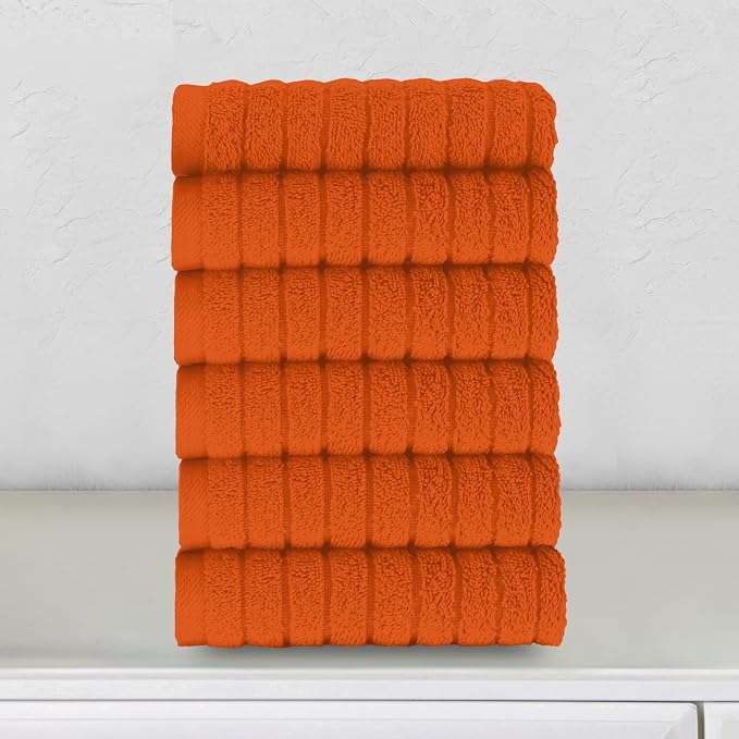 Elegant Comfort 100% Turkish Cotton Corduroy Ribbed Luxury Washcloths 6 Pack Soft 13 x 13 Inch - Higly Absorbent, Durable, Quick Dry, Spa Premium Hotel Quality for Bathroom or Travel, Orange
