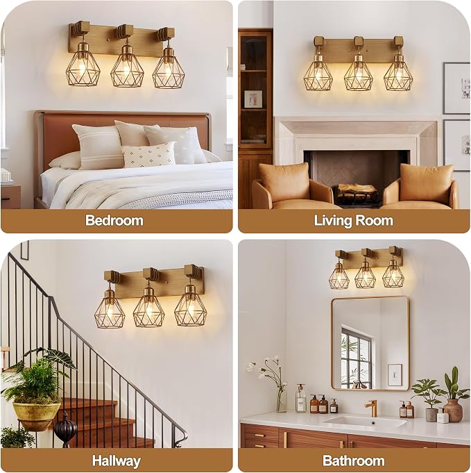 maesta 3 Light Bathroom Vanity Light, Farmhouse Gold Fixture Over Mirror | Farmhouse Bathroom Light Fixtures, Wood & Metal, Anti-Rust, Easy to Install for Rustic Bathroom Hallway